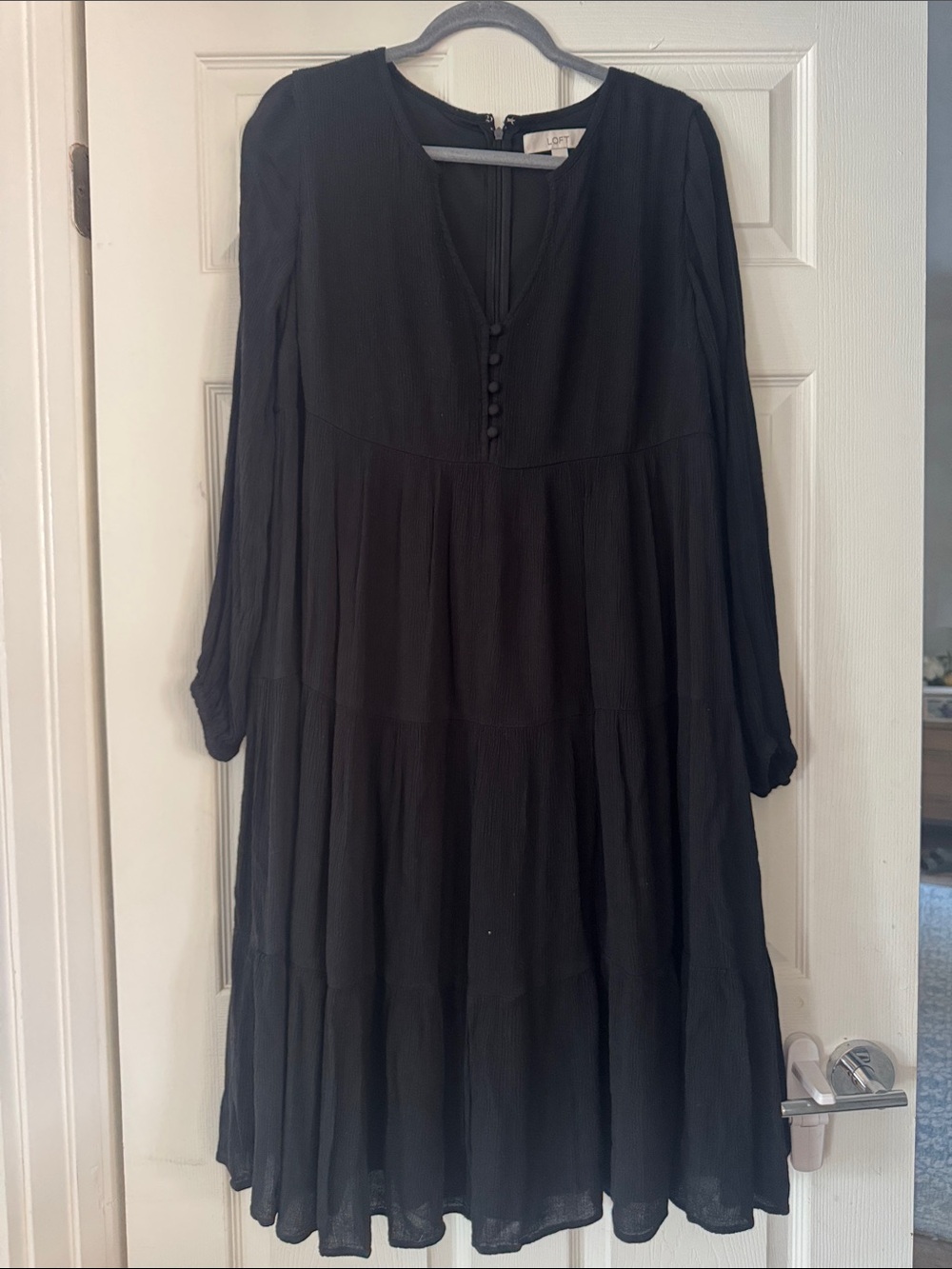 LOFT Black Long Sleeve Tiered Midi Dress